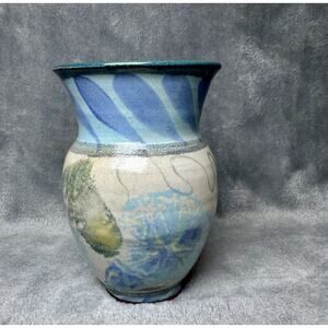 Studio Art Pottery Vase Signed Gavrick Blue Green Wax Resist Floral Stoneware